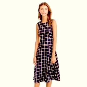 J Crew Women’s 6 100% Silk A Line Twill Sleeveless Black Windowpane Midi Dress